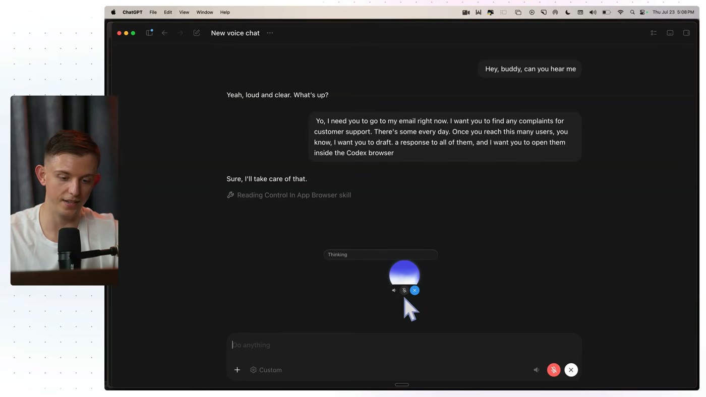 New voice chat 세션에서 Control In App Browser 스킬을 읽는 화면