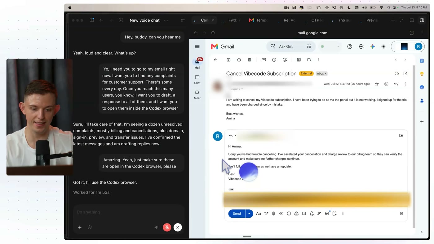좌측 음성 대화, 우측 인앱 브라우저의 Gmail 답장 초안