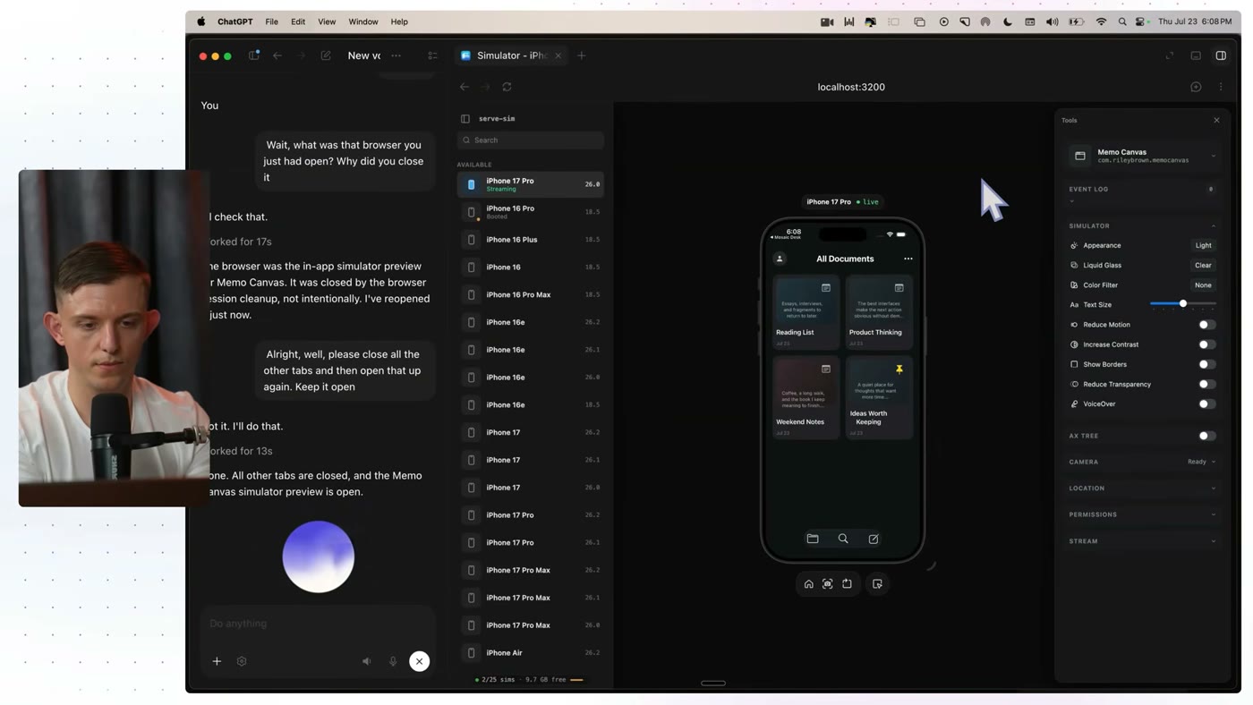 인앱 브라우저에 iOS 시뮬레이터로 앱 미리보기가 열린 화면