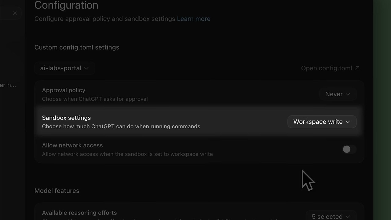 Codex Configuration 화면 — Approval policy Never, Sandbox settings Workspace write, Allow network access 토글