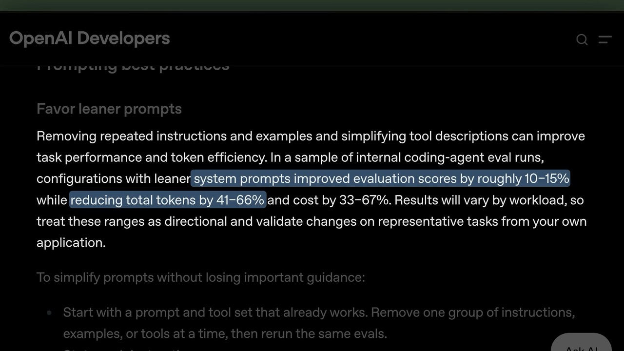OpenAI Developers 문서 — Favor leaner prompts 항목의 수치